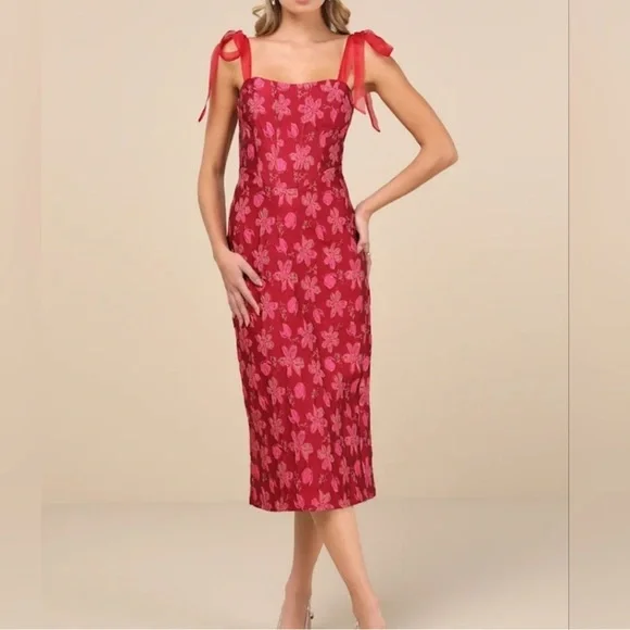 Lulu's Magenta Floral Jacquard Midi Dress - Picture 2 of 10
